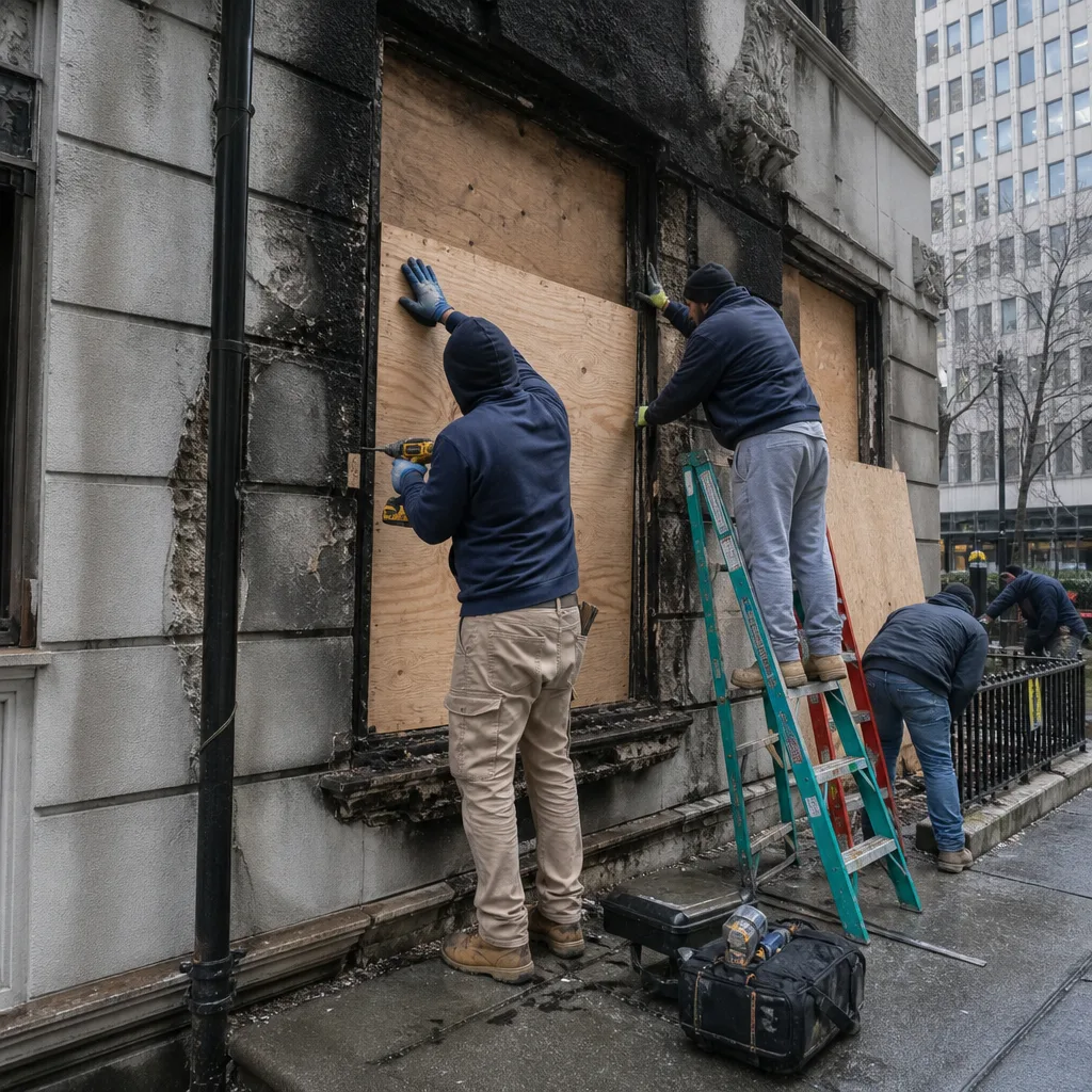 Crew installing plywood boards to secure a building after fire damage