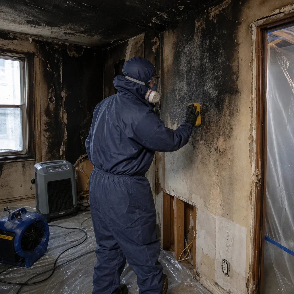 Technician in hazmat suit performing professional fire and smoke damage restoration