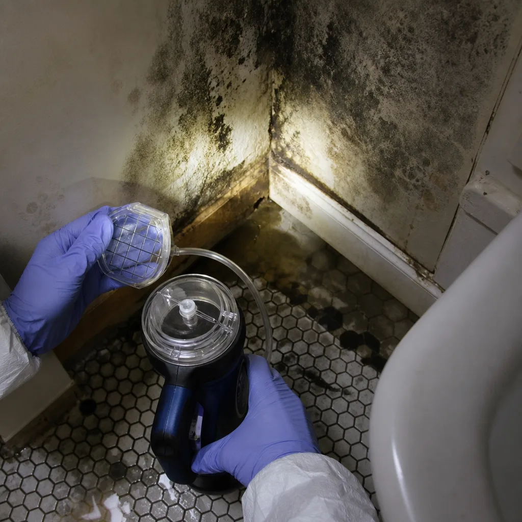 Technician using air sampling equipment for professional mold remediation and testing