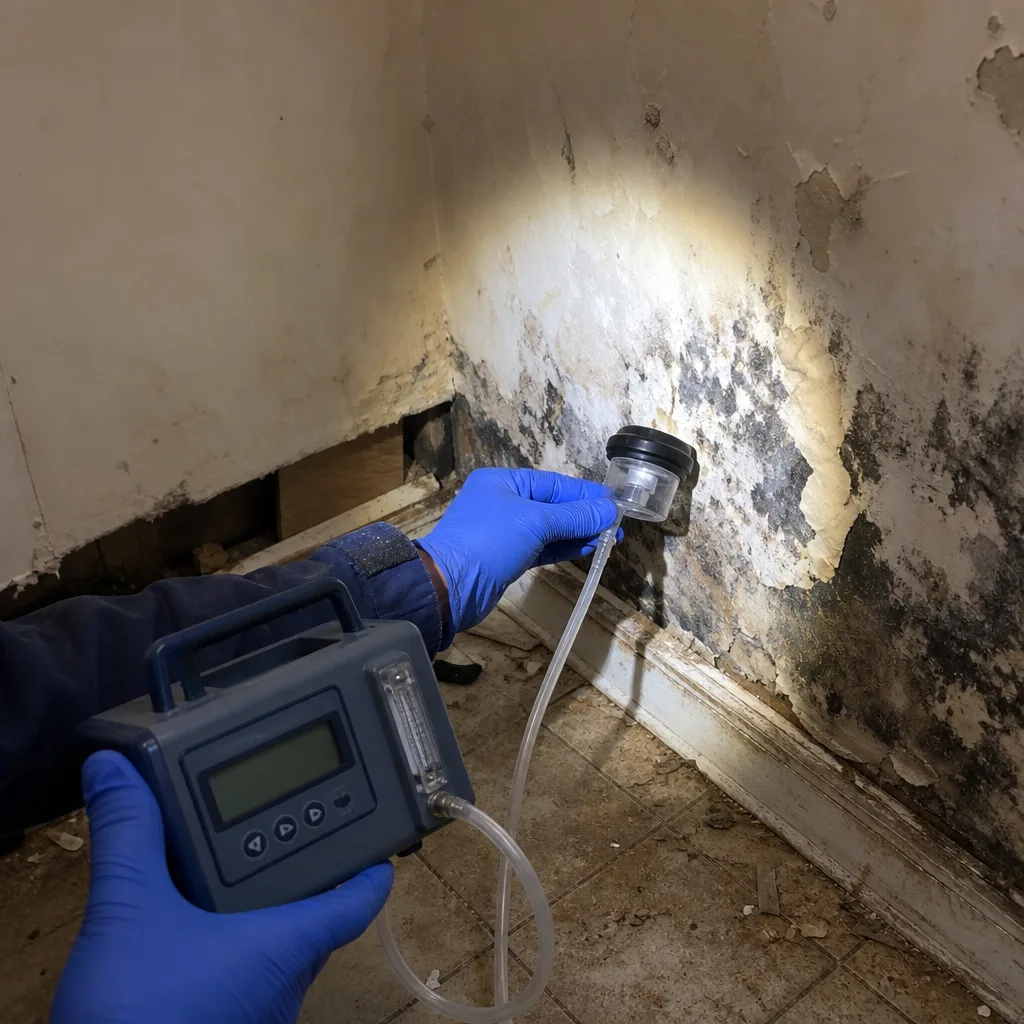 Professional technician performing indoor air quality mold testing and inspection