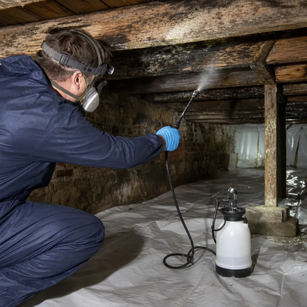Professional technician performing crawl space mold remediation with chemical sprayer