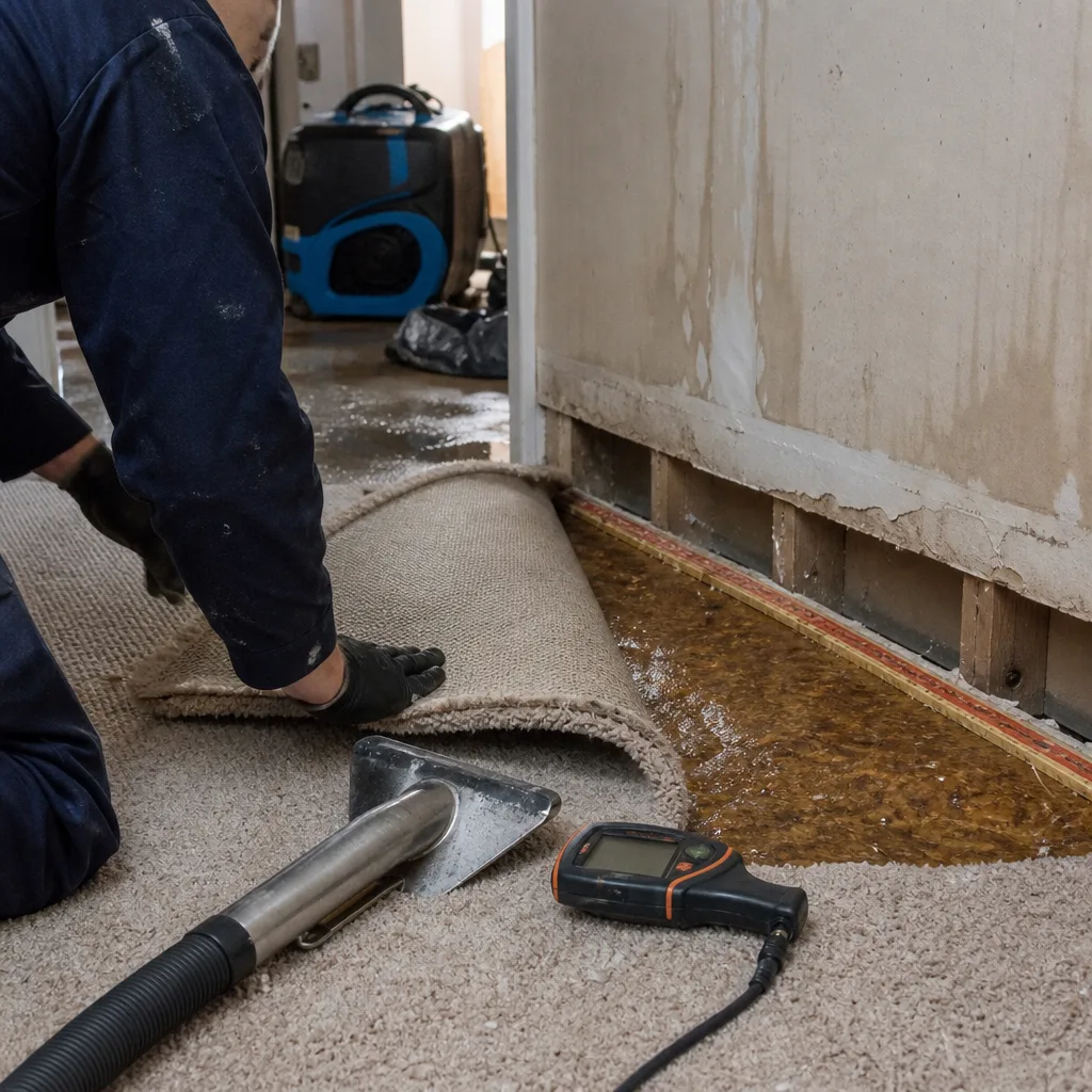 Water damage restoration technician inspecting wet carpet with moisture meter and extractor