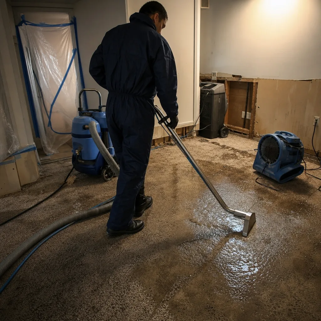 Professional cleaning water from concrete floor during restoration service