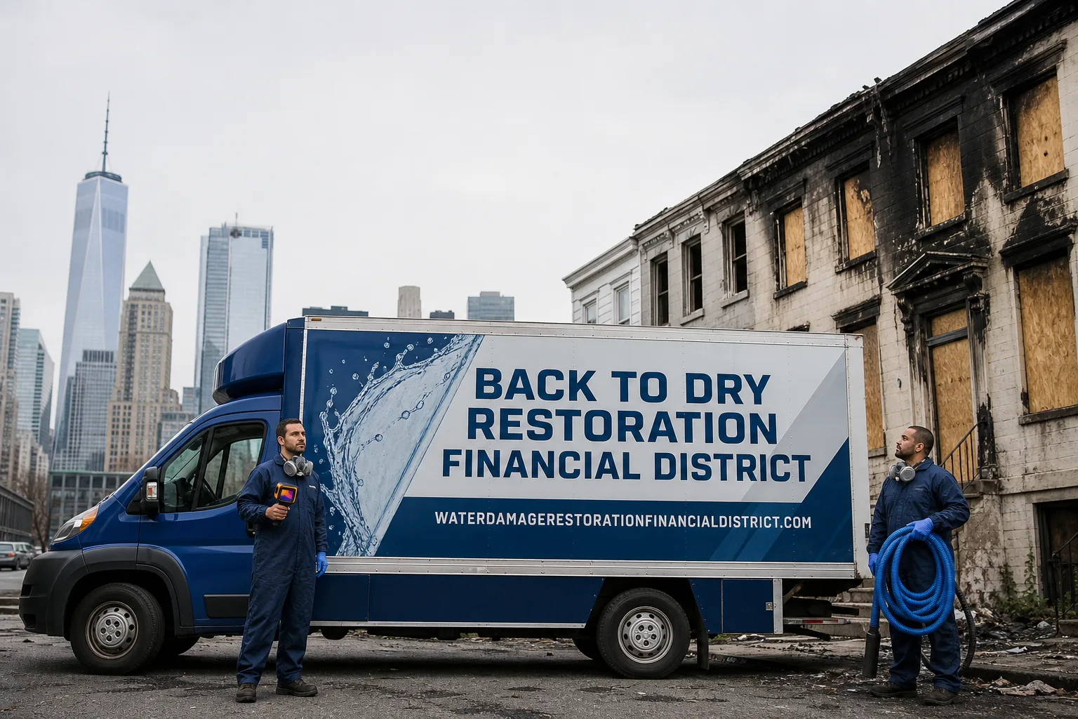 Back to Dry Restoration Financial District damage restoration service vehicle and crew in Financial District, NY